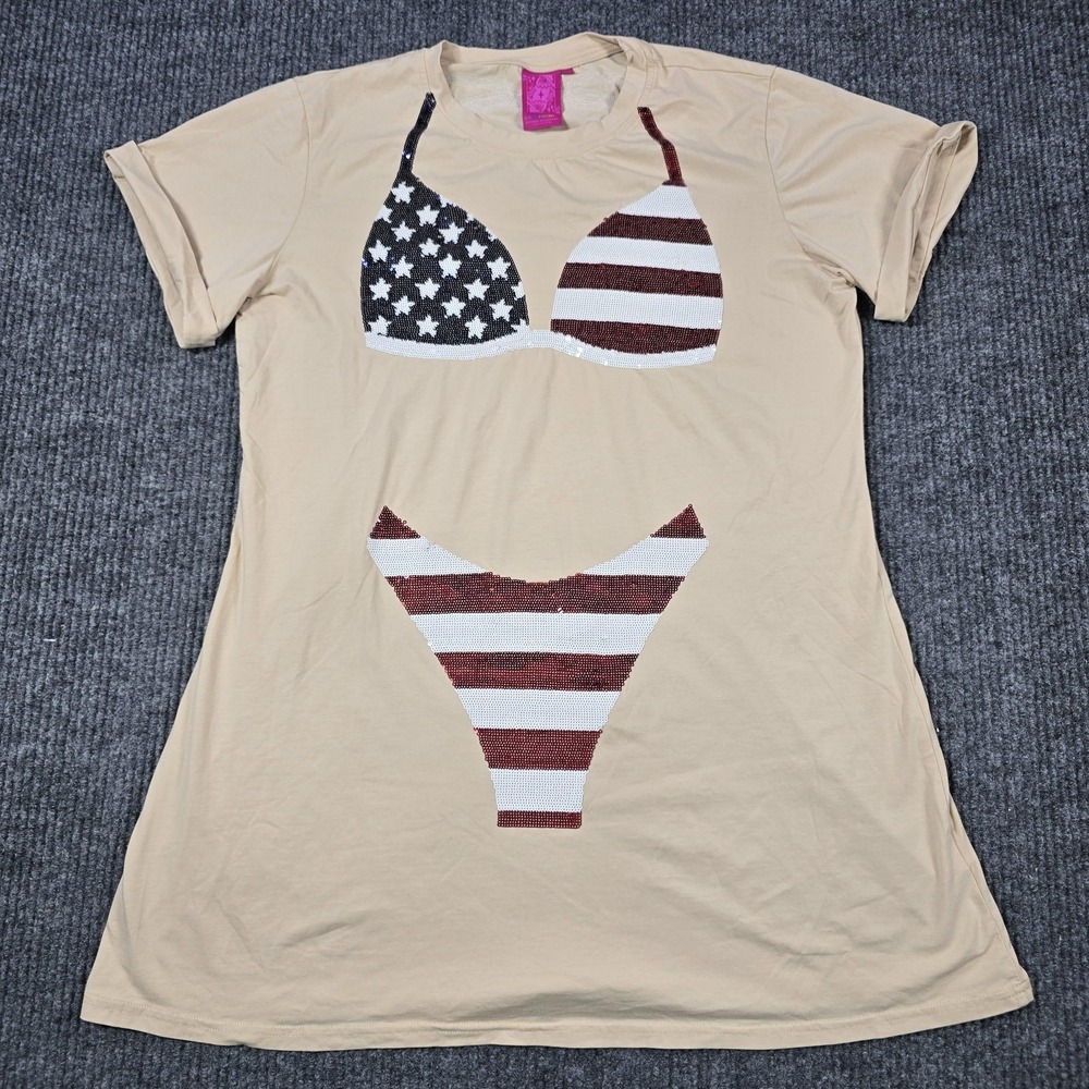 QUEEN OF SPARKLES Beige Tank Top with Red, White & Blue Sequin Bikini Graphic